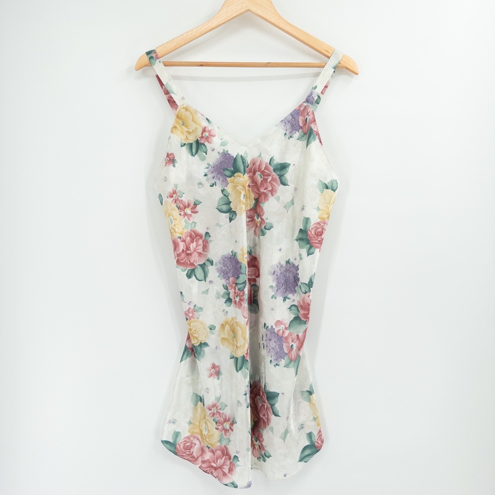 Vintage 90s Kathryn Slip Dress Womens Medium White Floral Jacquard Cottagecore